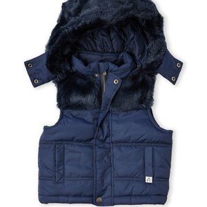 New FRENCH CONNECTION Girl Navy Blue Faux Fur Trim Hooded Puffer Vest Sz 16